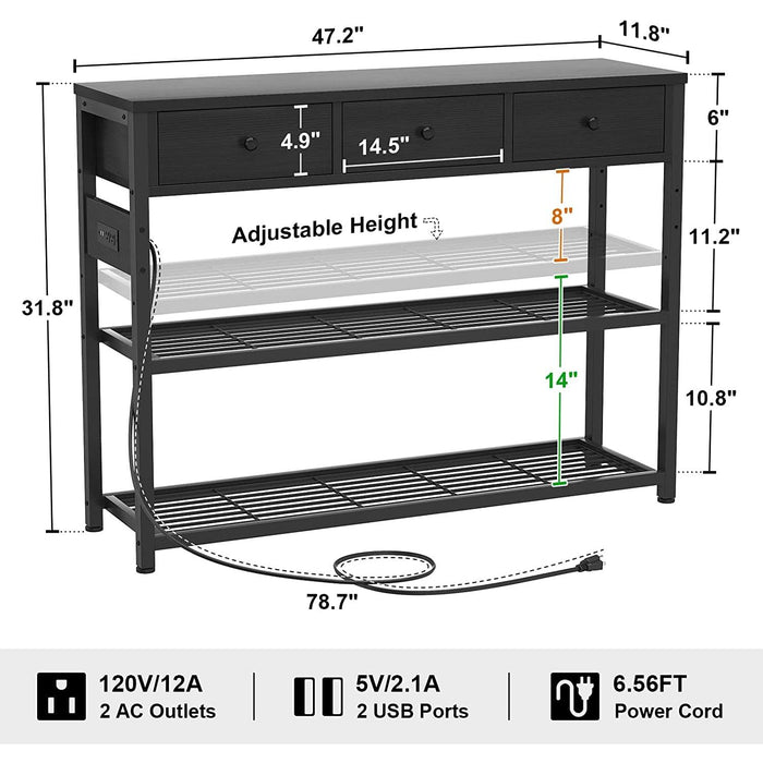 Black Console Table with Outlets and USB Ports