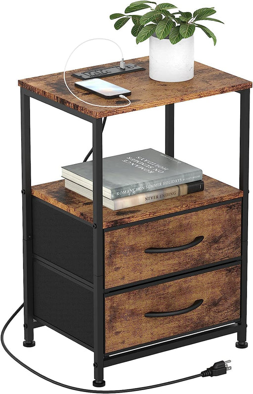 Industrial Bedside Table with USB Ports and Drawers