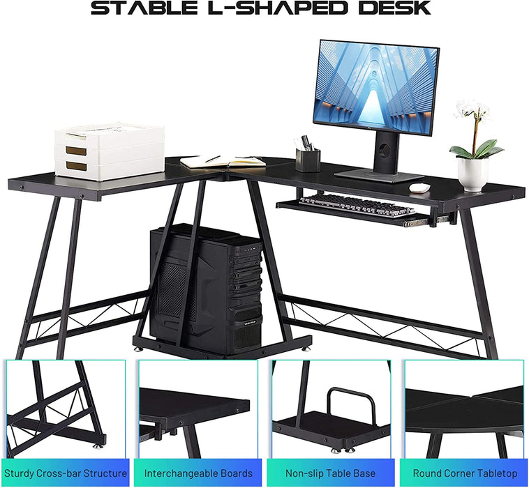 Jet Black L-Shaped Computer Desk with Stand