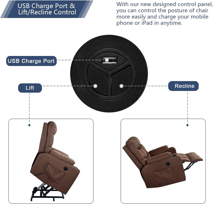 Brown Electric Power Lift Recliner with Massage and Heat