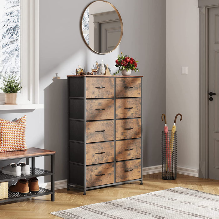 Tall Rustic Brown Dresser with 10 Drawers