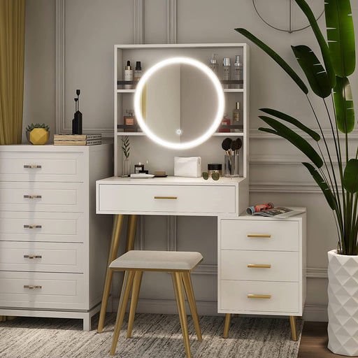 White Vanity Desk with Mirror and Lights, 5 Drawers