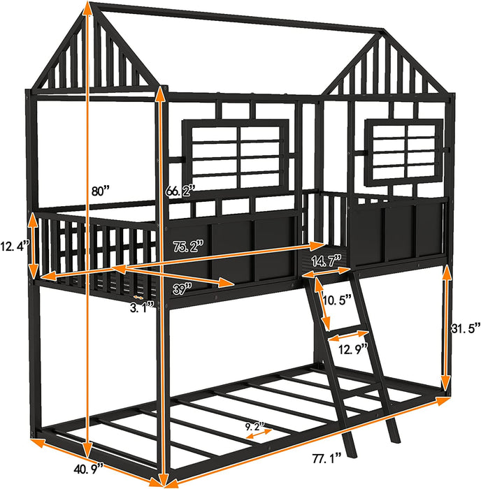 Metal Triple Bunk Bed with Ladder and Safety Guardrails