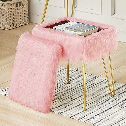 Pink Fuzzy Vanity Stool with Storage Ottoman