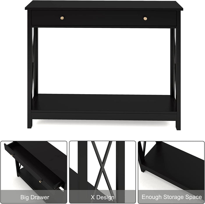 Black Console Table with Drawer and Shelves