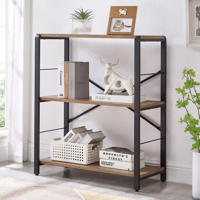 Rustic Oak Bookshelf with Metal Frame, 3-Tier