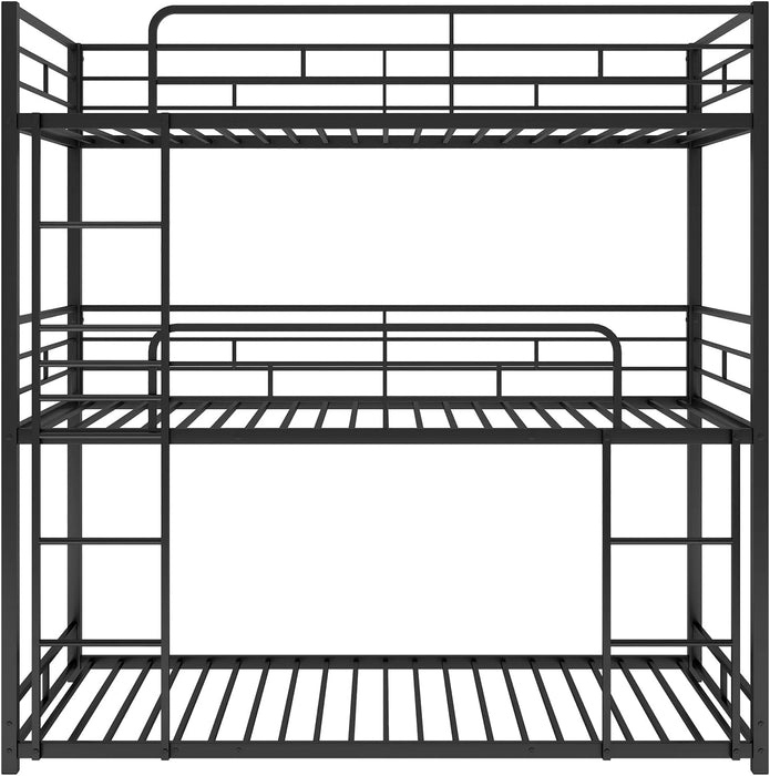 Metal Triple Bunk Bed with Built-In Ladder and Guardrails