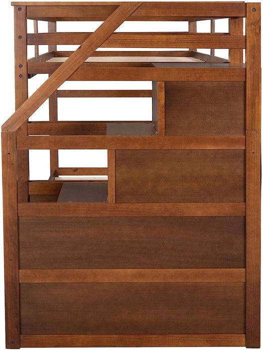 Walnut Twin Bunk Bed with Trundle and Storage Staircase