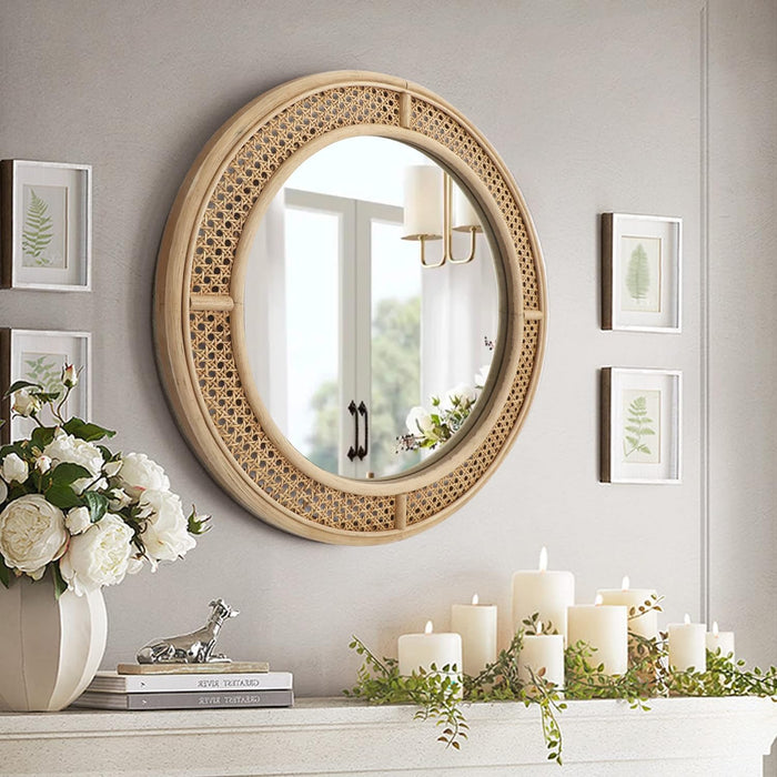 Round Rattan Wall Mirror with Wooden Framed, Modern Boho Decorative Mirror for Bathroom, Entry, Living Room, Bedroom, 24 Inch