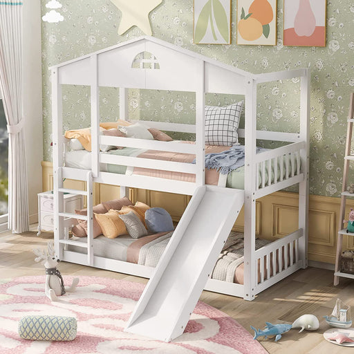 White Bunk Bed with Slide and Safety Rail