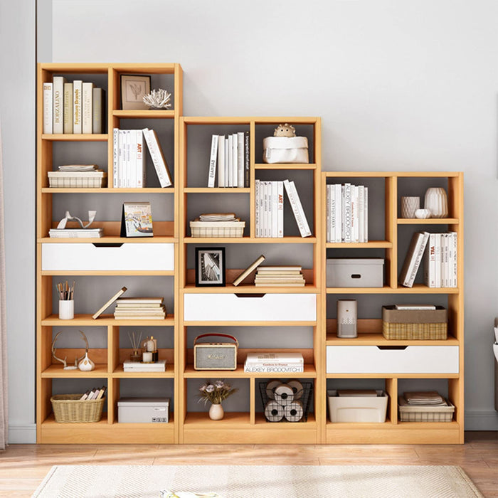 Maple Yellow Wooden Bookcase with Drawer and Cubes