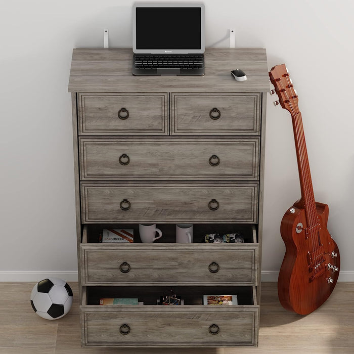 Gray Wash Tall Dresser with 6 Drawers for Bedroom Storage