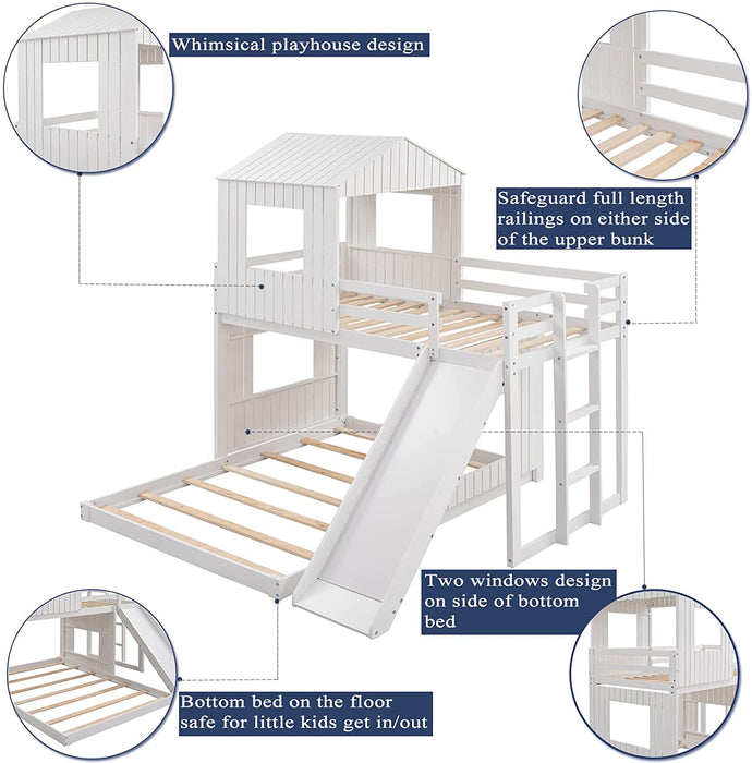 House Bed Bunk Beds with Slide and Guard Rail, No Box Spring Needed