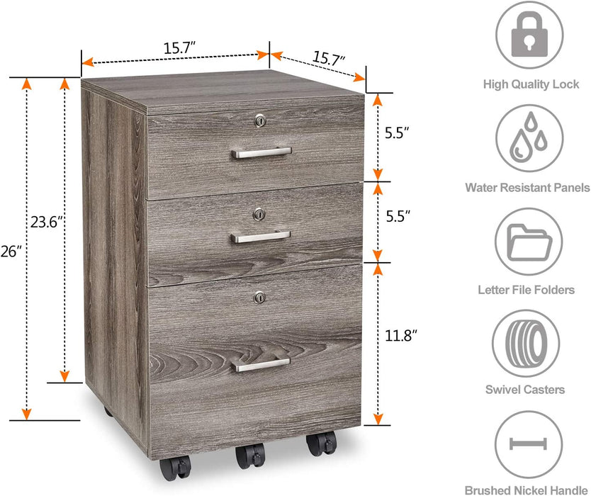 Grey Oak Rolling File Cabinet with Lock