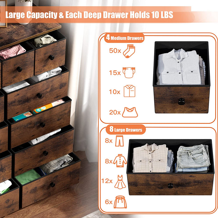 Rustic Brown 12-Drawer Fabric Tall Bedroom Dresser