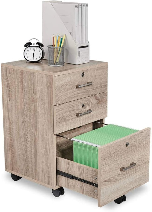 Mobile Oak File Cabinet with Lock, 3 Drawers