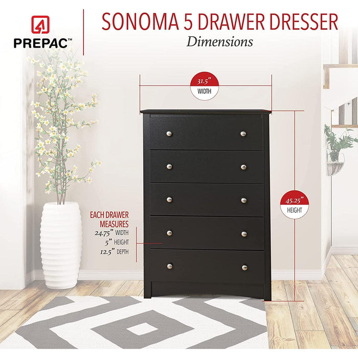 Sonoma 5-Drawer Chest for Bedroom in Black