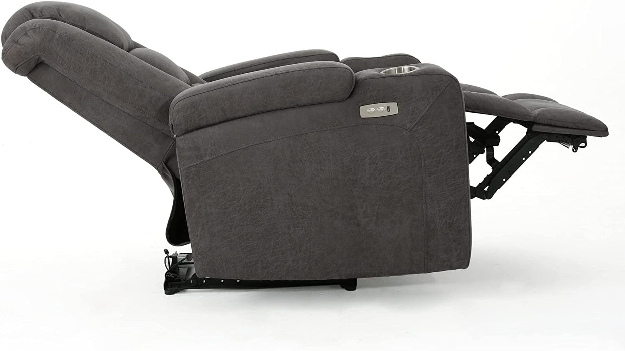 Tufted Microfiber Power Recliner W/Arm Storage and USB Cord, Slate/Black