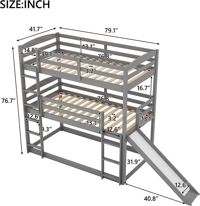 Twin over Twin Triple Bunk Bed with Slide and Guard Rails