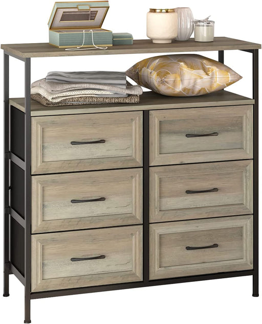 Upgrade 6 Drawer Dresser for Bedroom, Rustic Wood Dresser with Shelves