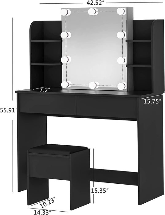 Black Vanity Table Set with Lighted Mirror