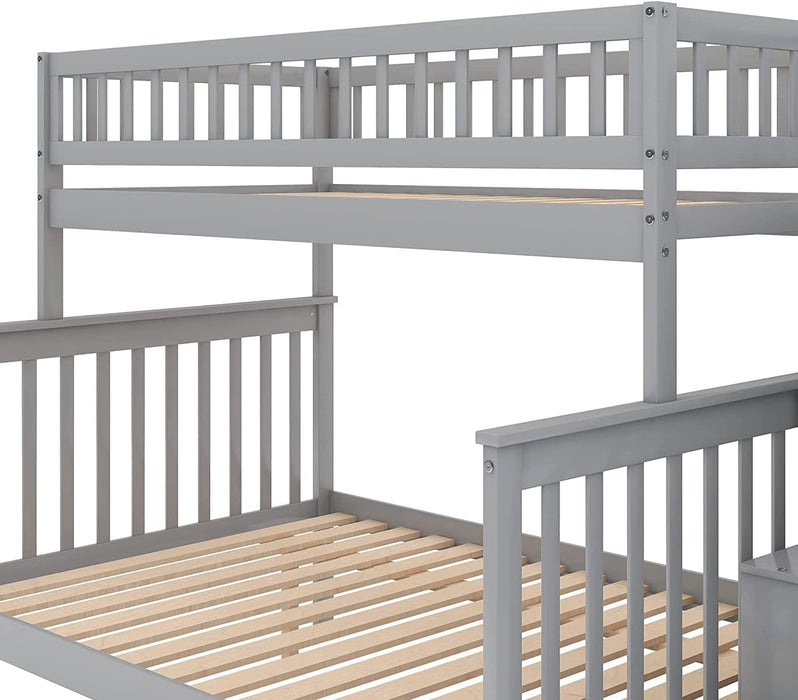 Twin over Full Bunk Bed with Storage Shelves and Guardrail, Grey