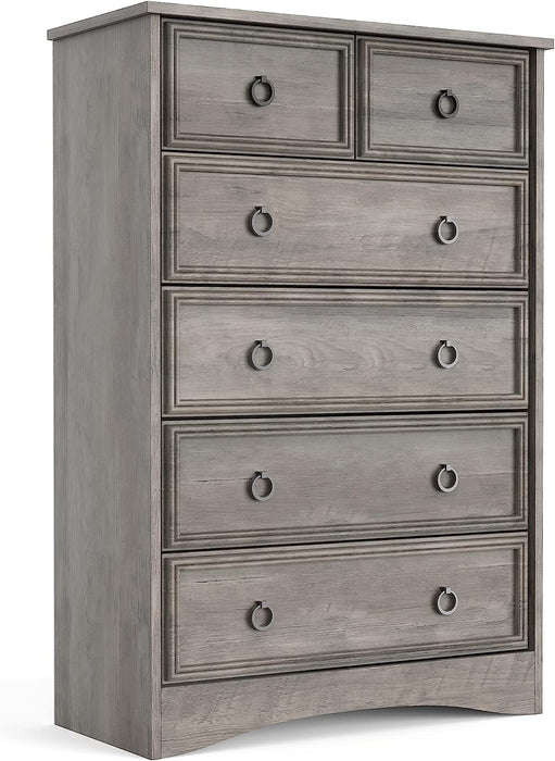 Gray Wash Tall Dresser with 6 Drawers for Bedroom Storage