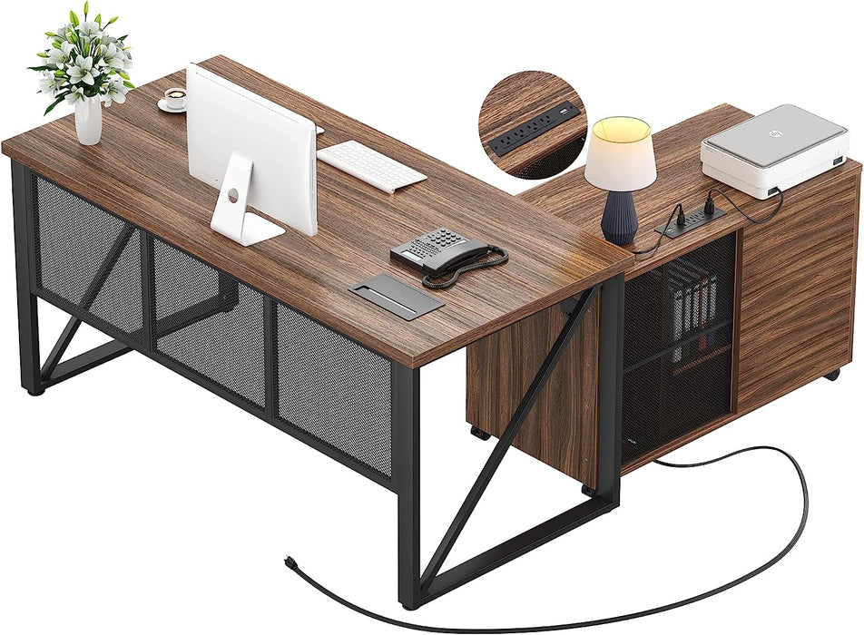 Rustic Oak L-Shaped Executive Desk with Cabinet