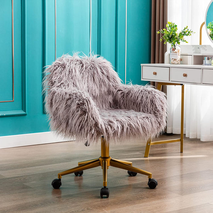 Gray Faux Fur Swivel Chair for Home Office