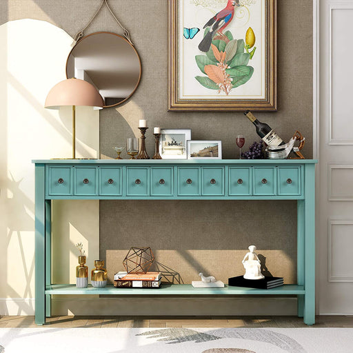 Rustic Blue Console Table with Drawers and Shelf