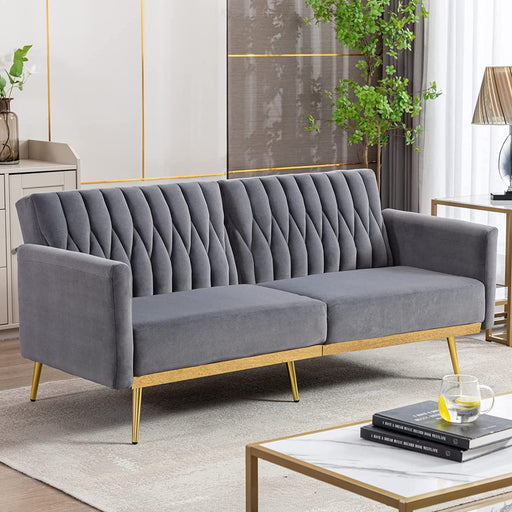 Golden-Legged Velvet Futon Sofa Bed (Grey)