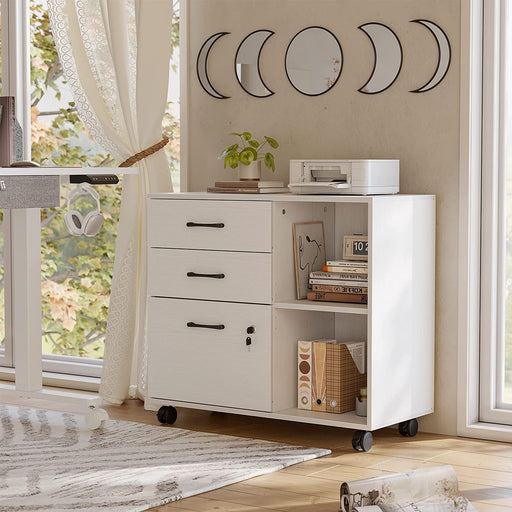 White Mobile File Cabinet with Lock and Shelves