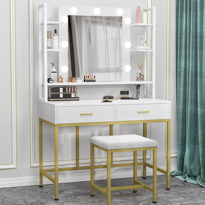 White Vanity Desk Set with Lighted Mirror