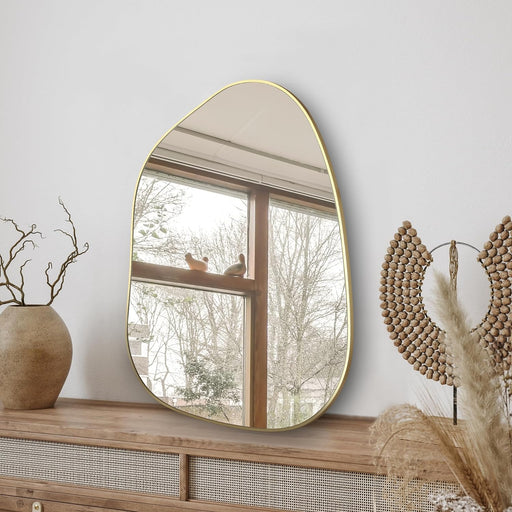 Irregular Wall Mirror Asymmetrical Mirror, Golden Wood Framed Mirror for Bathroom Bedroom Living Room Entryway, Decorative Modern Wall Decor (Gold, 28''X20'')