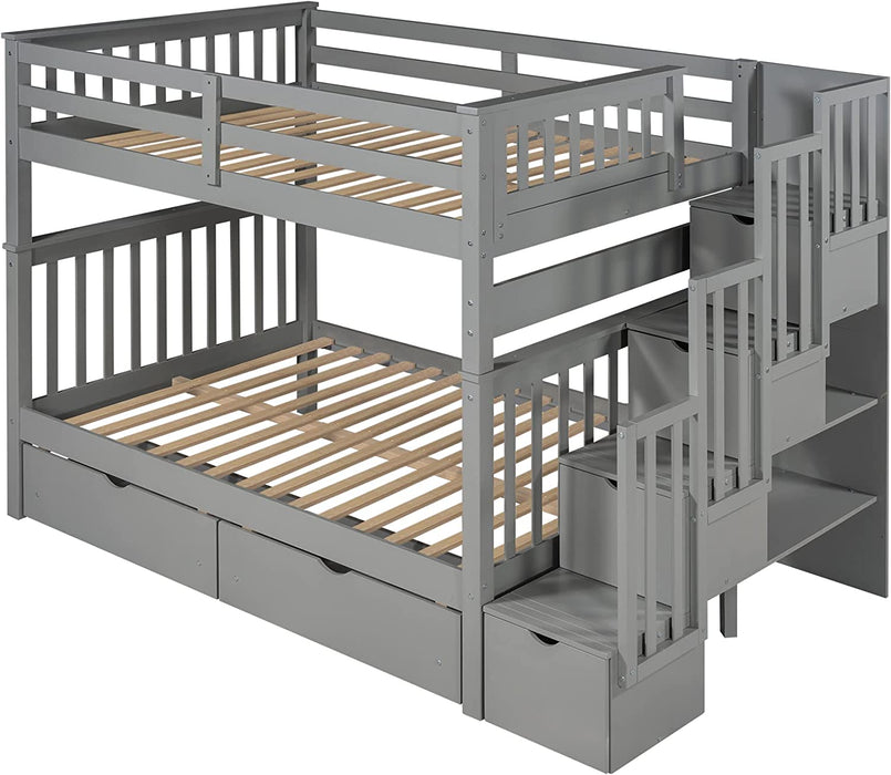 Full over Full Bunk Bed with 6 Storage Drawers, Gray