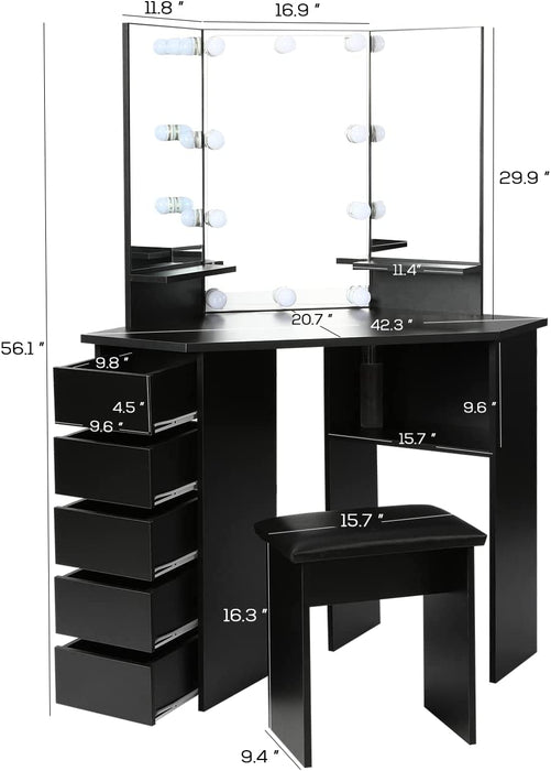 Black Vanity Desk with Mirror and Lights