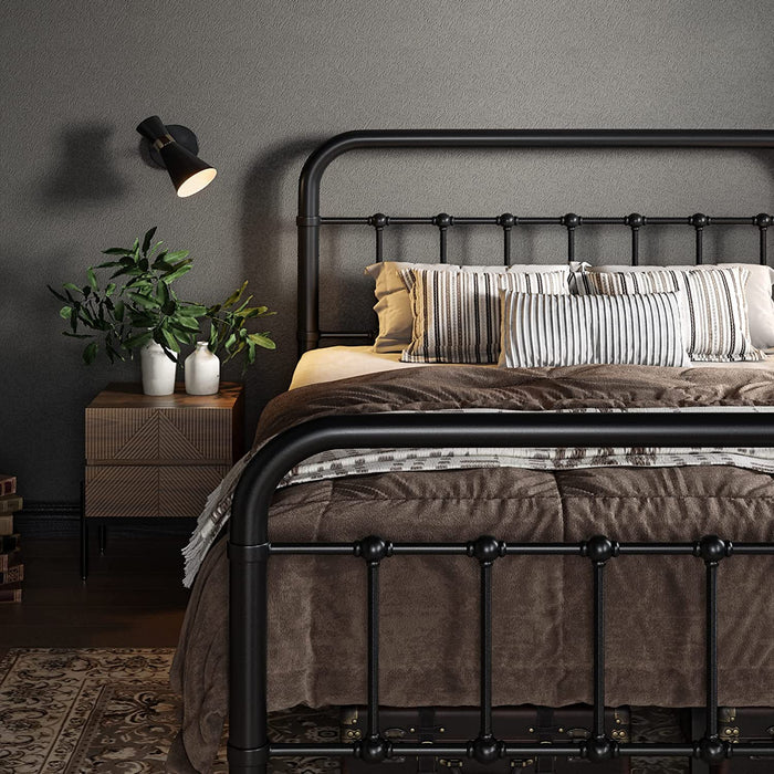 Full Size Metal Platform Bed Frame, Victorian Style Wrought Iron-Art Headboard/Footboard