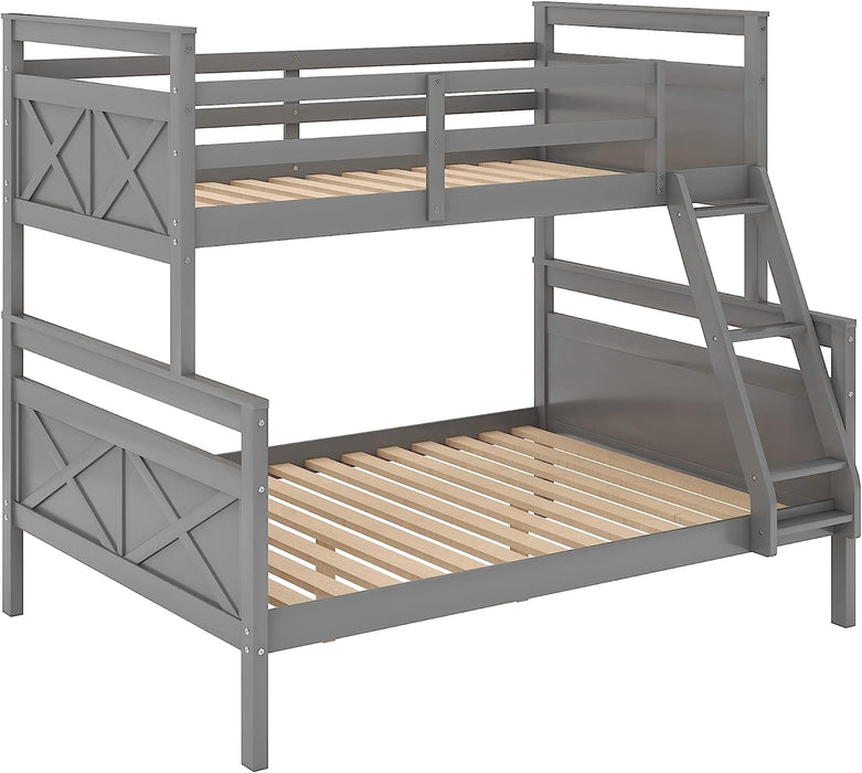 Twin over Full Wood Bunk Bed with Guardrail, Gray