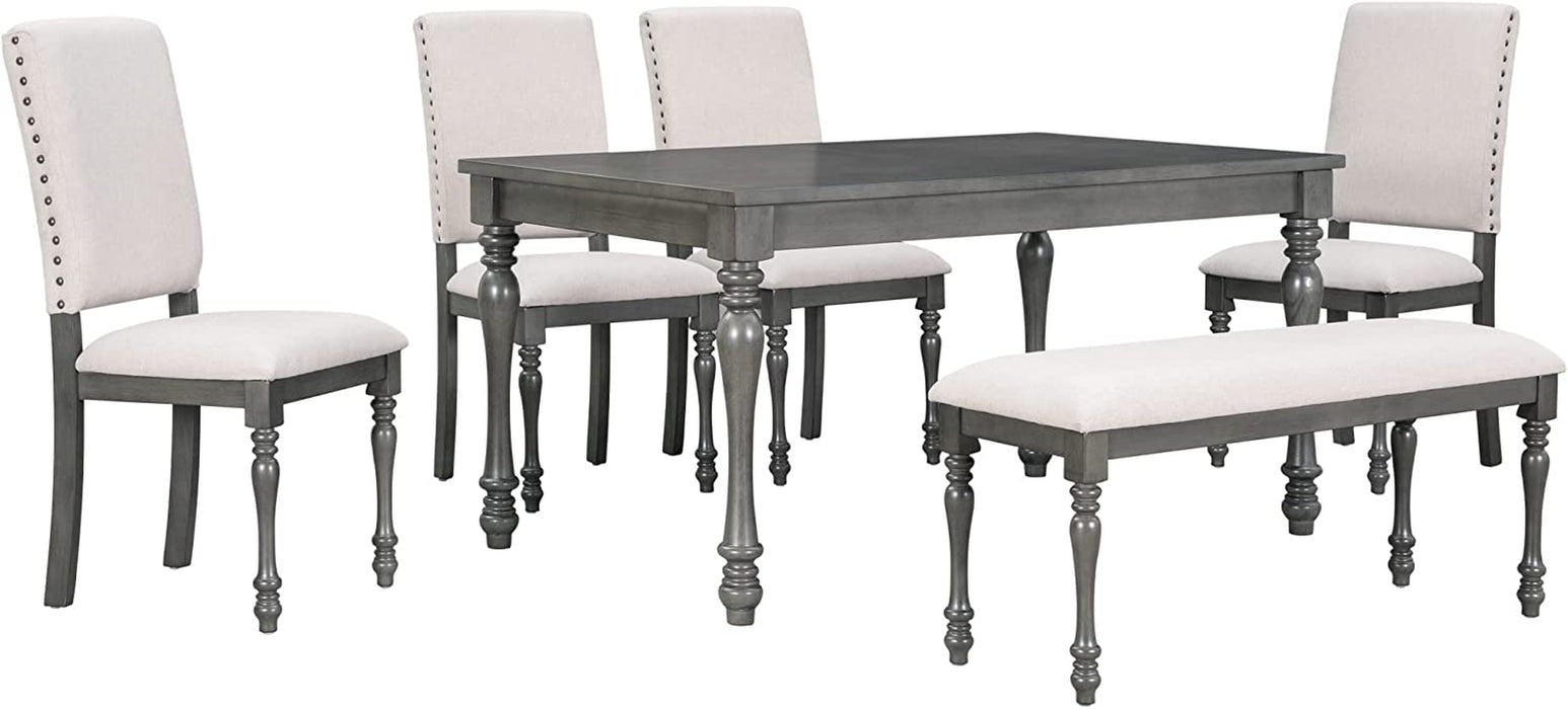 French Style 6-Piece Dining Table Set with Bench, Gray