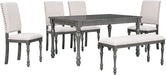 French Style 6-Piece Dining Table Set with Bench, Gray