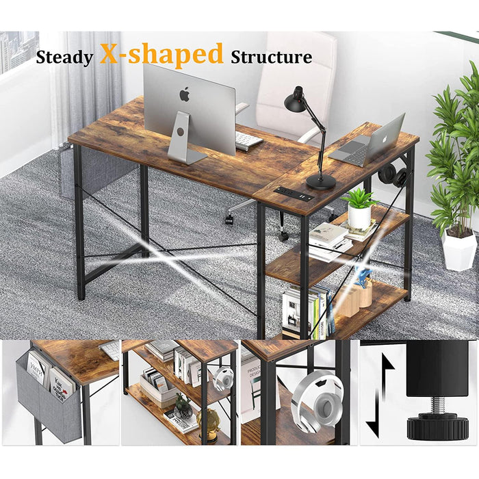 Rustic L-Shaped Desk with Outlets & USB Ports