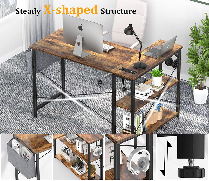 Rustic L-Shaped Desk with Outlets & USB Ports