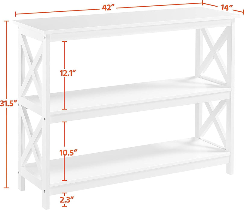 White 3-Tier Console Table with Storage Shelves and X-Design