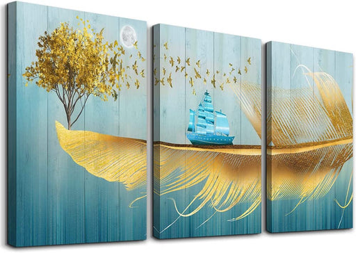 Golden Feather and Yellow Tree Wall Art Set