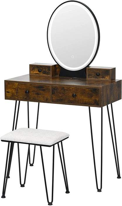 Rustic Brown Vanity Set with Lighted Mirror