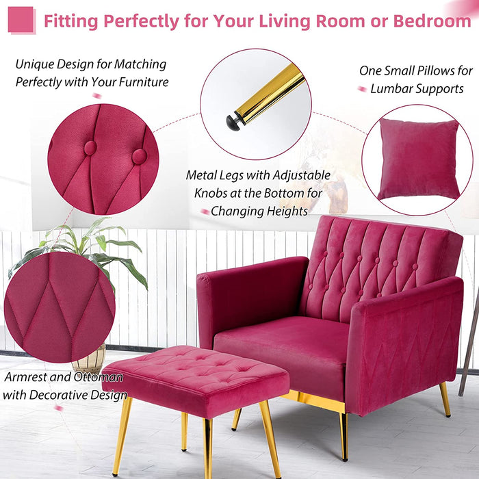 Velvet Accent Chair with Adjustable Armrests, Fuchsia