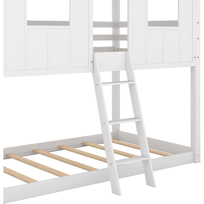 Twin House Bunk Bed with Playhouse, White and Gray