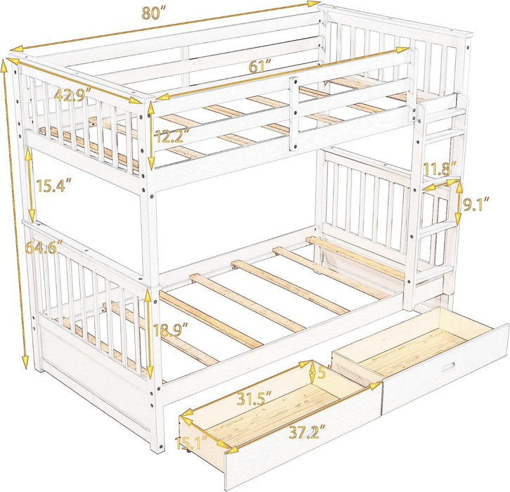 Twin Bunk Bed with Drawers, Solid Wood, Natural Walnut