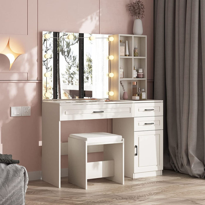 White Vanity Desk with Lighted Mirror