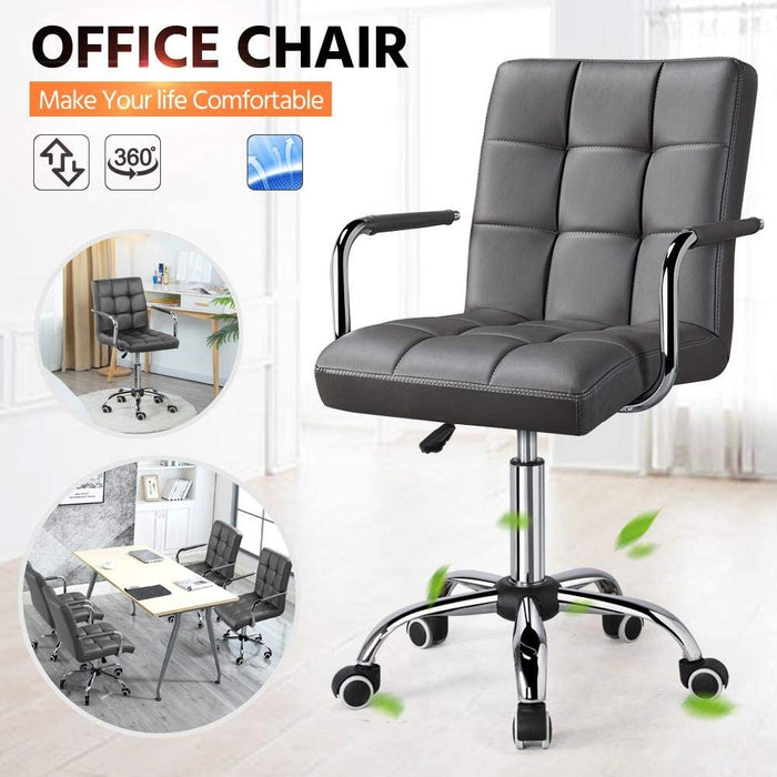 Grey Leather Office Chair with Armrests and Wheels